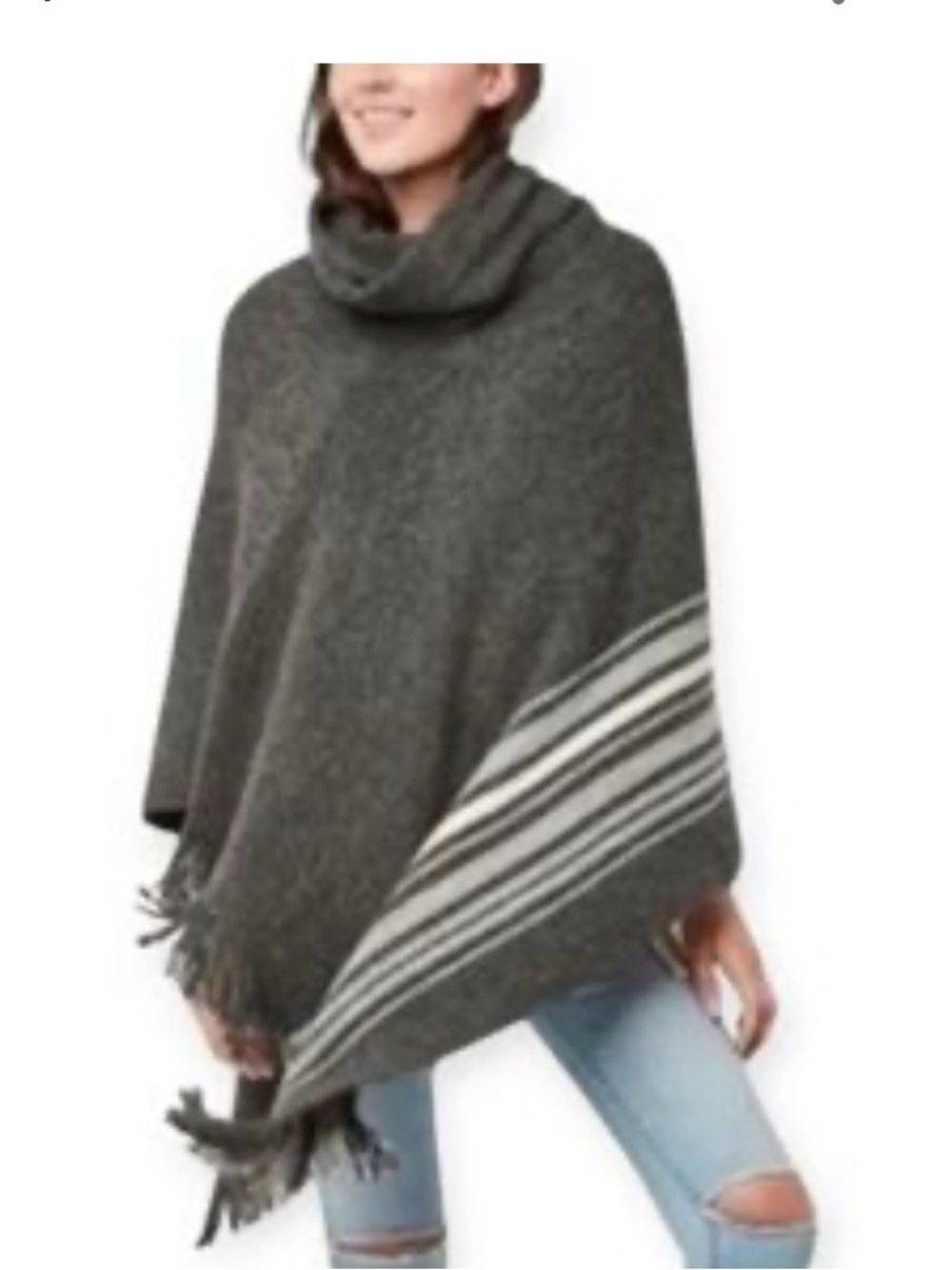Roots Charcoal Gray Stripe Knit Poncho with Cowl Neck